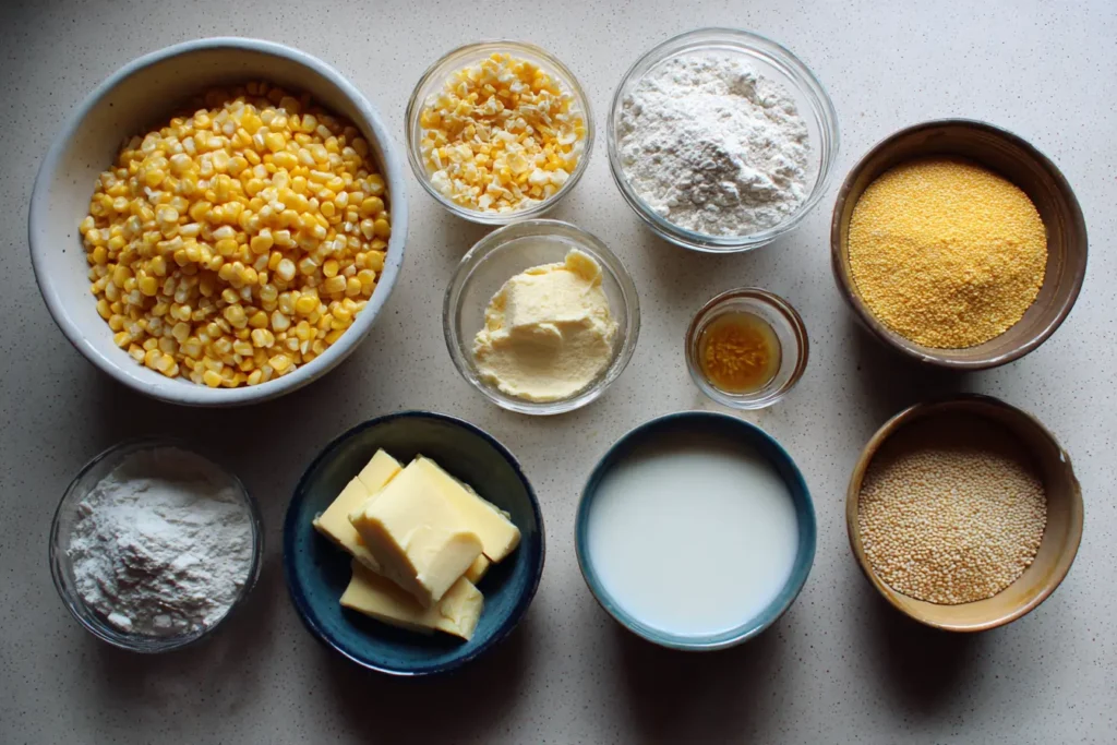 Vegan corn casserole ingredients laid out on a countertop