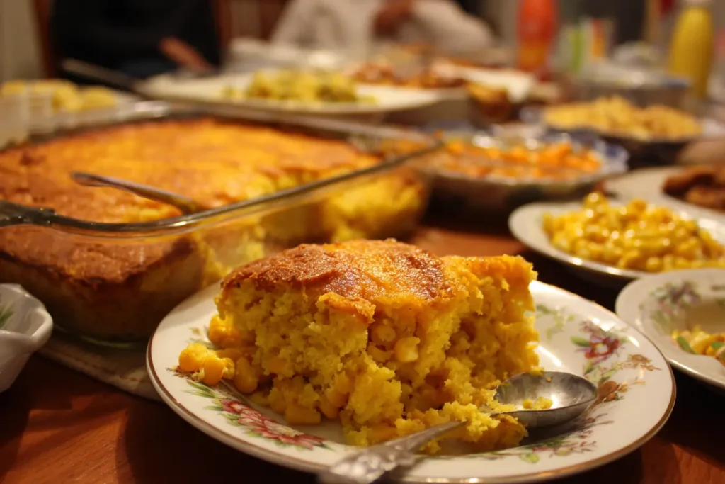 Vegan corn casserole served on a holiday table with a big scoop