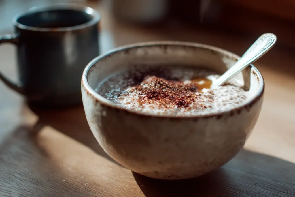 Steaming warm chai spiced chia pudding in a ceramic bowl with maple syrup and chai spice on top