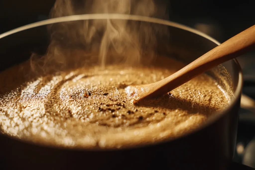 Hand stirring warm chai spiced chia pudding in a small saucepan on the stovetop