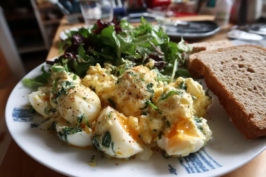 Anglesey Eggs served with a green salad and a thick slice of bread