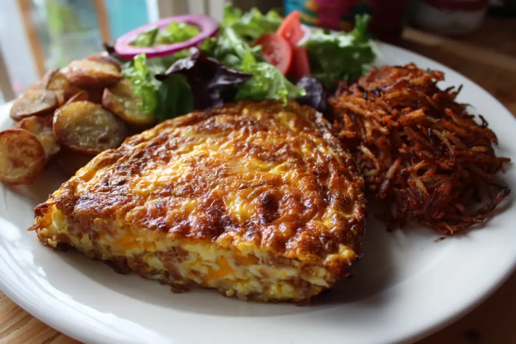 Slice of crustless quiche served with crispy hash browns and a simple salad on one plate
