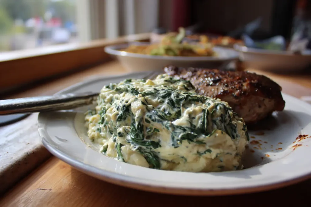 Creamed spinach with feta cheese served on a dinner plate next to pan-seared chicken or steak.