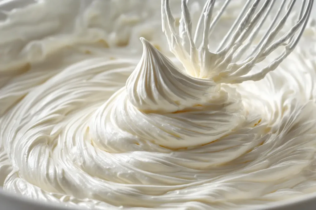 Whipped cream at soft to medium peaks with a whisk lifted in a mixing bowl
