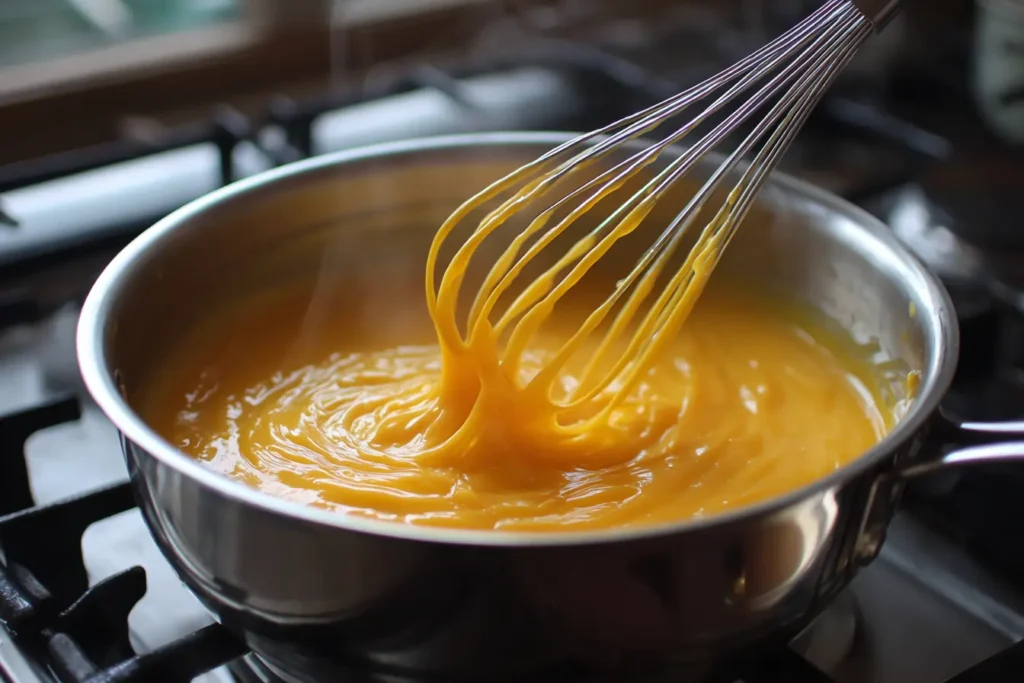 Clementine curd mixture being whisked in a saucepan on the stove