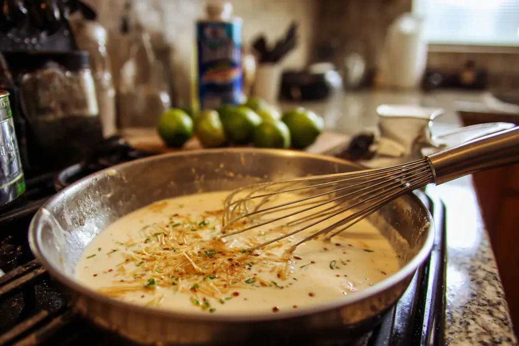 Hand whisking creamy coconut lime Pad Thai sauce with lime zest and chili flakes in a small bowl