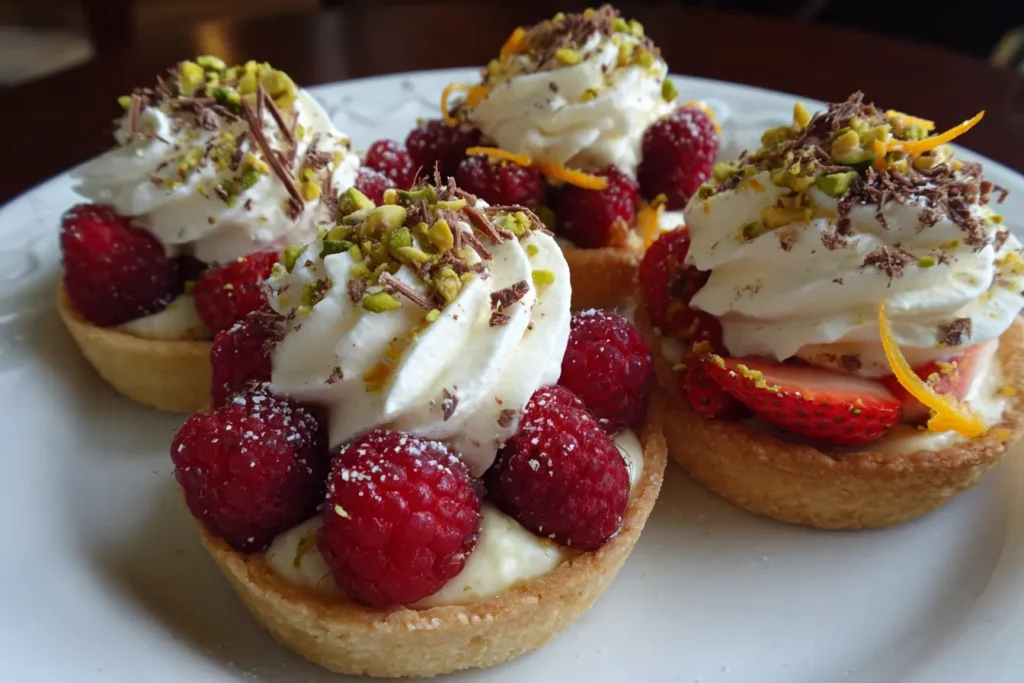 Four white chocolate mousse tartlets with raspberries, strawberries, pistachios, zest, and chocolate shavings