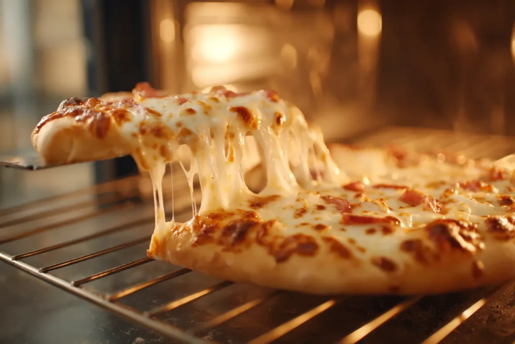 White pizza with prosciutto being pulled from a home oven with golden crust and melted cheese