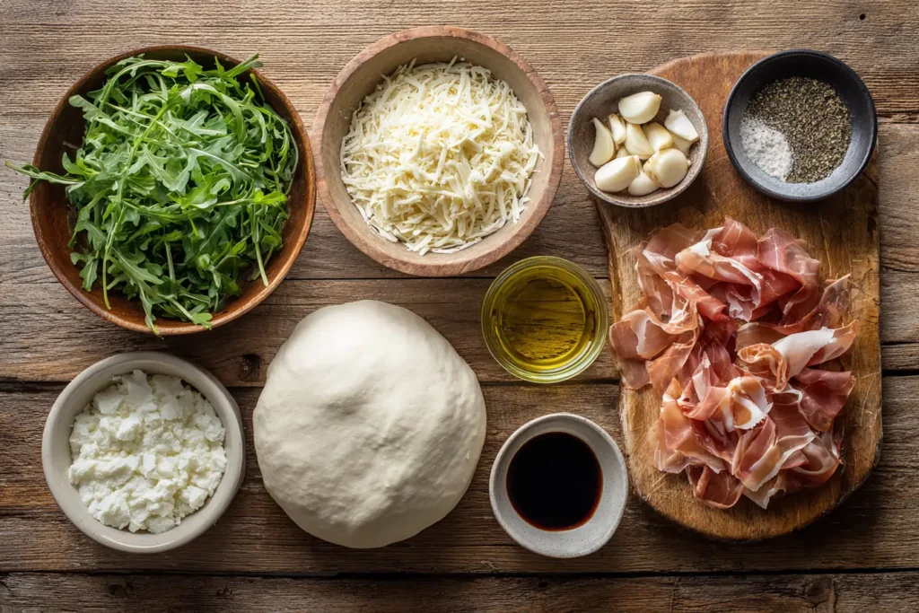 Flat lay of ingredients for white pizza with prosciutto on a wooden counter