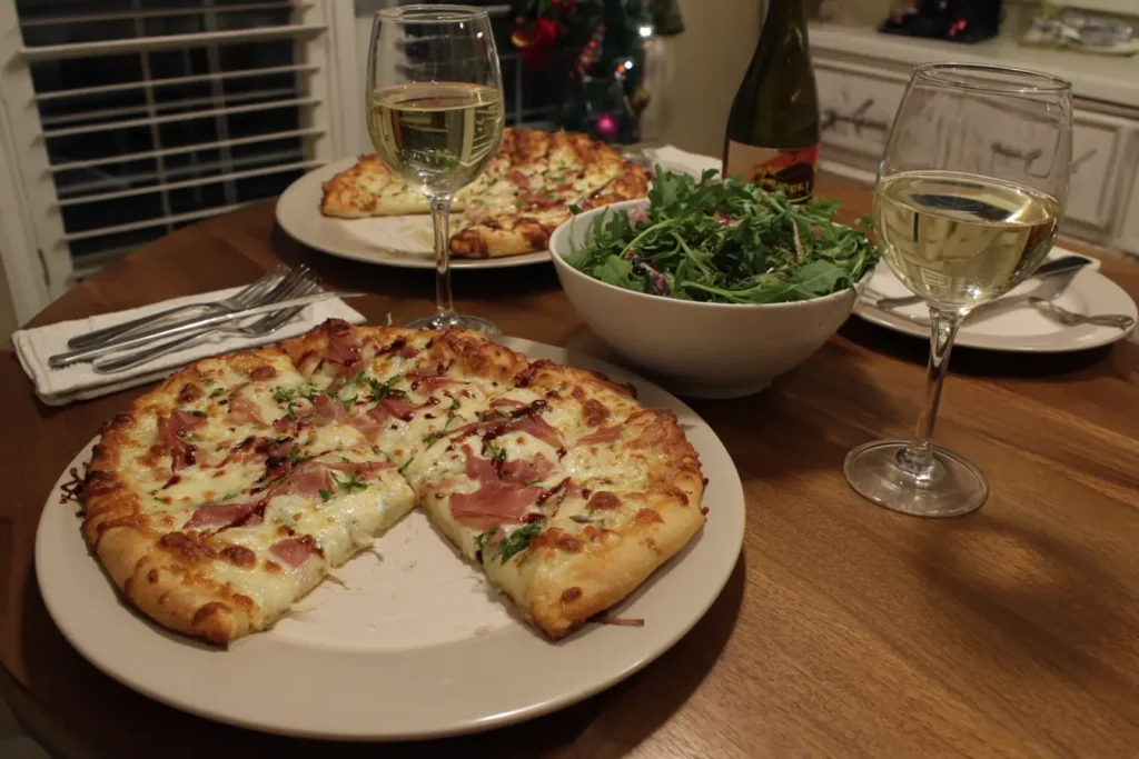 White pizza with prosciutto on a dinner table with salad and white wine