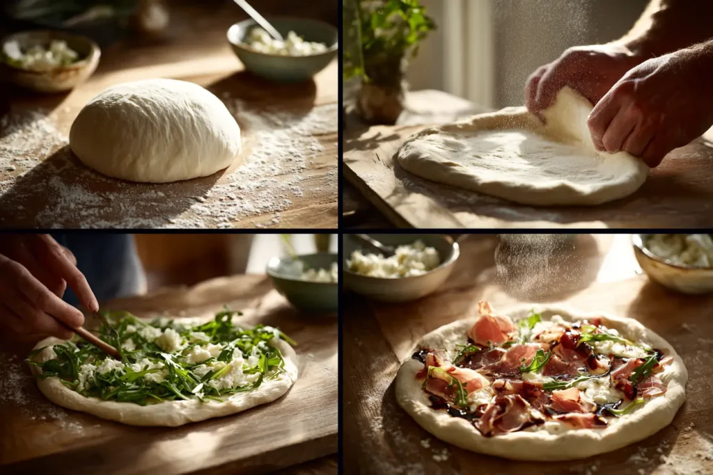 Six-step collage showing how to make white pizza with prosciutto from dough to finished pizza
