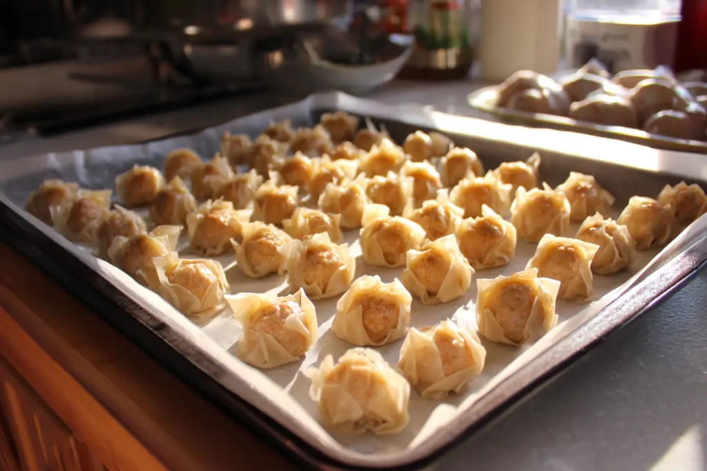 Tray of wrapped Asian wonton meatball bites brushed with oil before baking