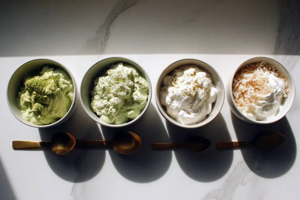 Greek, Skyr, regular, and coconut yogurt for a matcha yogurt bowl