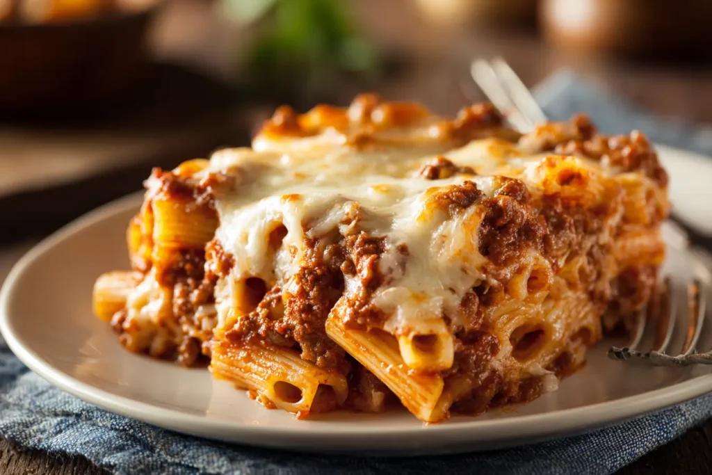Slice of ziti with meat sauce on a plate with melted cheese and visible sauce layers.