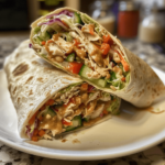 Overstuffed Thai Peanut Chicken Wraps filled with chicken, crunchy slaw, and creamy peanut sauce on a plate