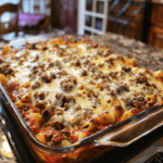Ziti with meat sauce recipe baked in a casserole dish with melted mozzarella and parmesan on top.