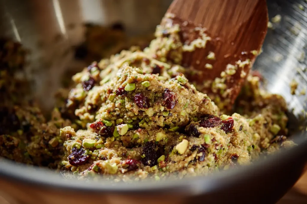 Stirring pistachio cranberry chia bar mixture in a bowl with a wooden spoon