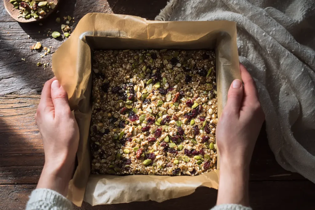 Sliced pistachio cranberry chia bars showing chewy texture with pistachios and cranberries