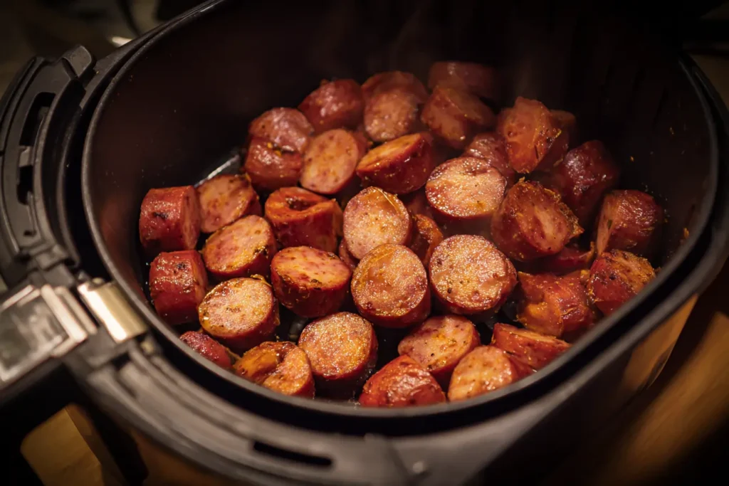 Air fryer drawer pulled out halfway with kielbasa browning inside