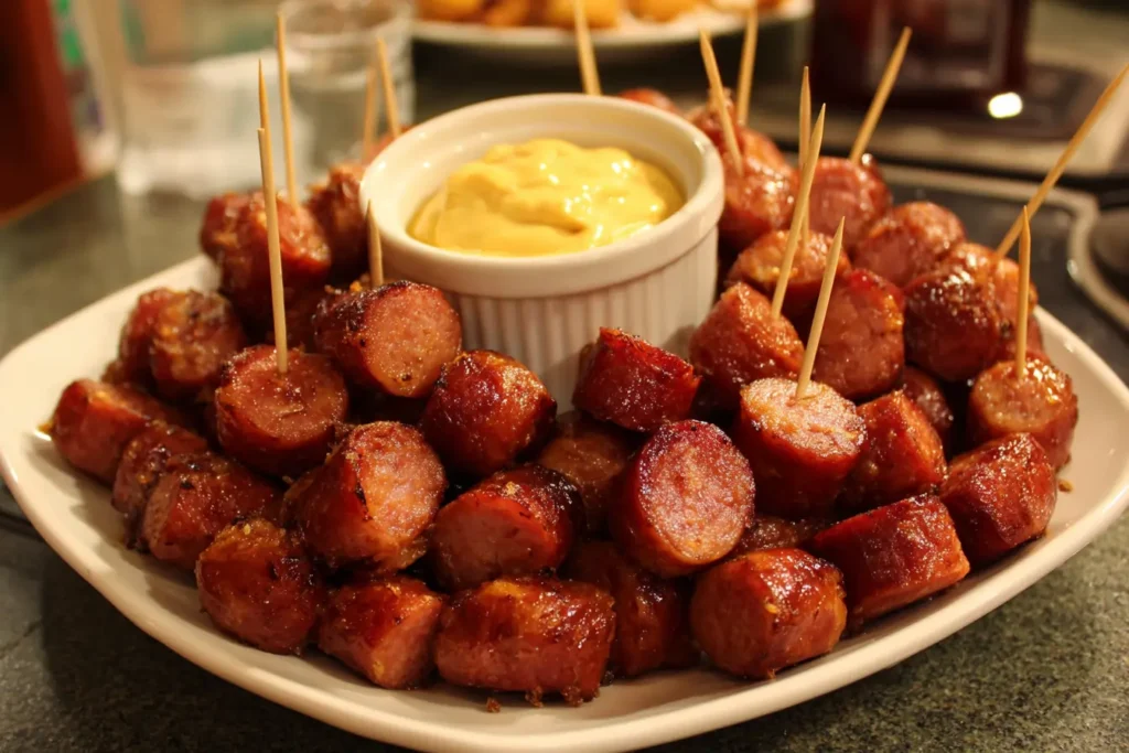 Kielbasa bites with toothpicks served with mustard dip