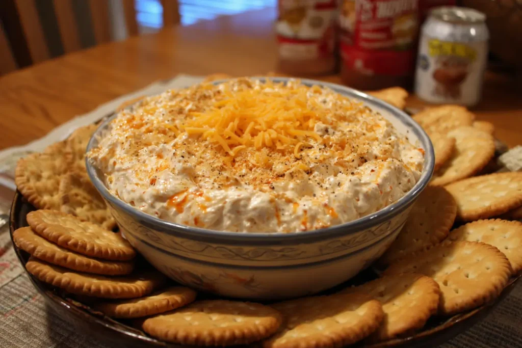 Alabama FireCracker Dip topped with cheddar and ranch seasoning, served with buttery crackers