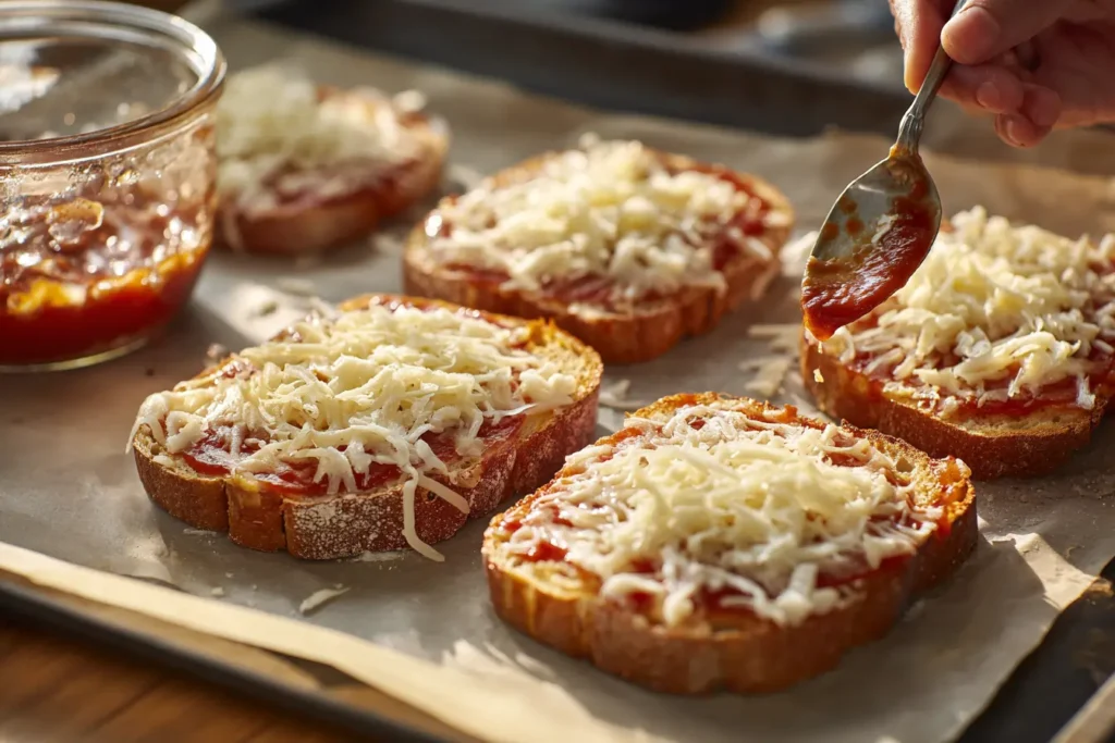 Assembling texas toast pizzas with sauce and mozzarella on a baking sheet