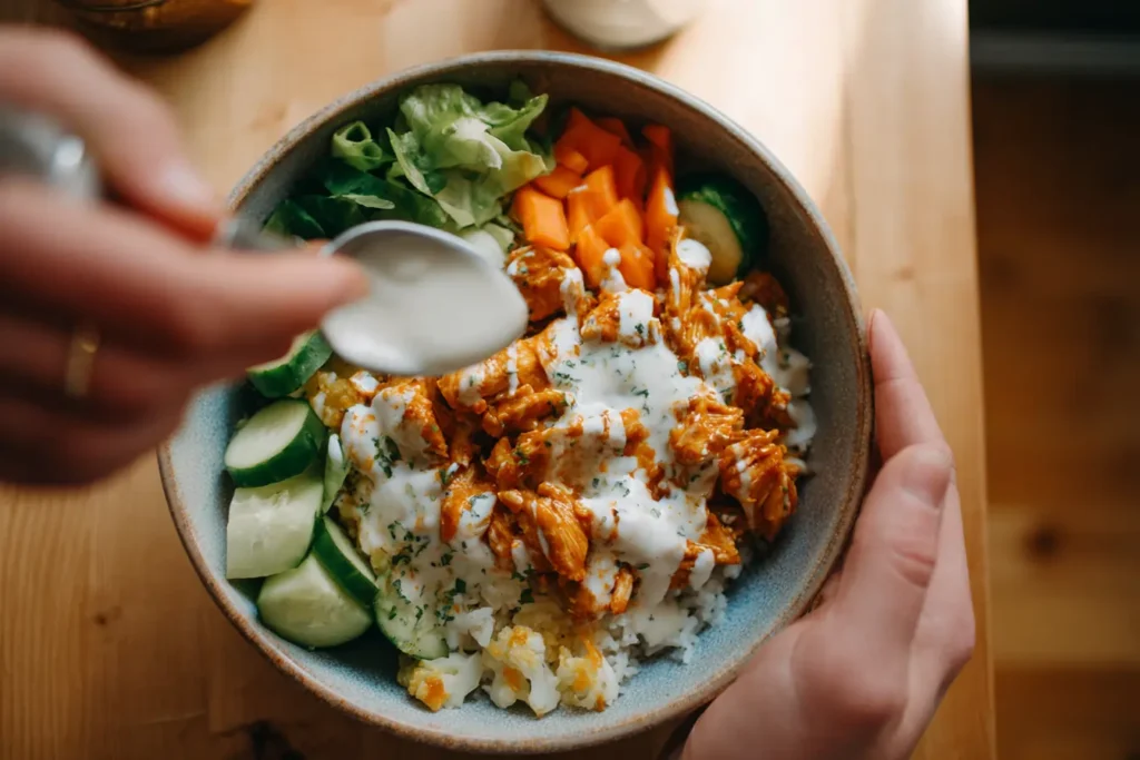 Hands assembling a buffalo chicken bowl with rice, vegetables, and buffalo chicken in a home kitchen