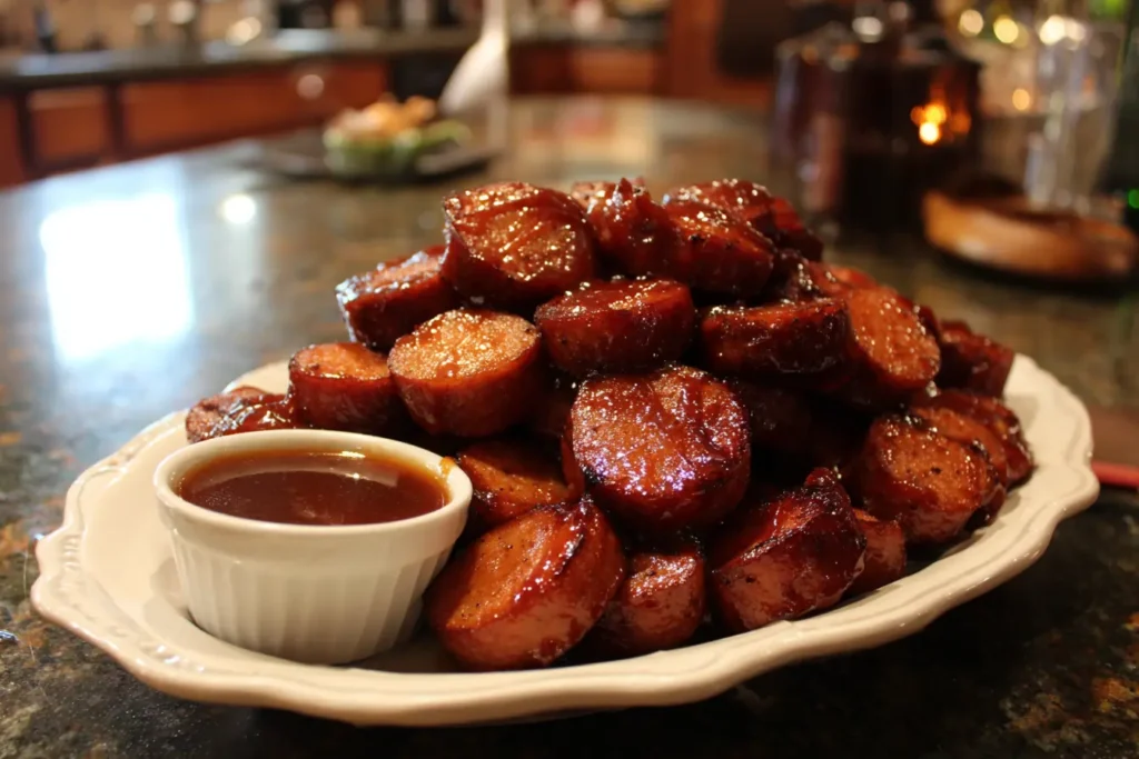 Air fryer kielbasa coins coated in glossy BBQ sauce on a plate
