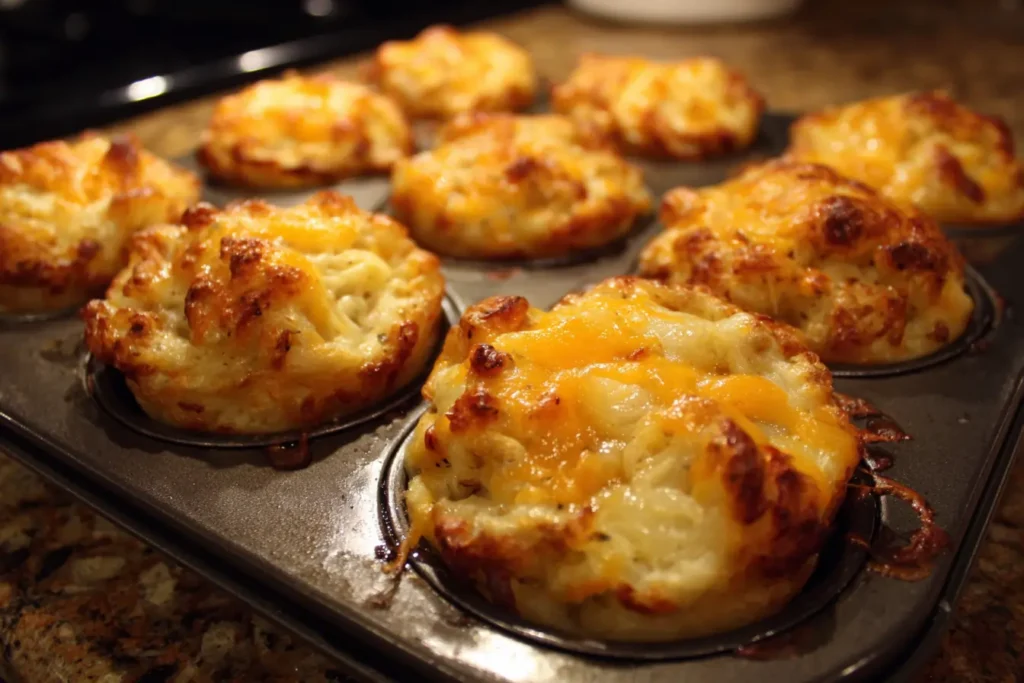 Baked stuffed mashed potato nests in a muffin tin with crispy edges