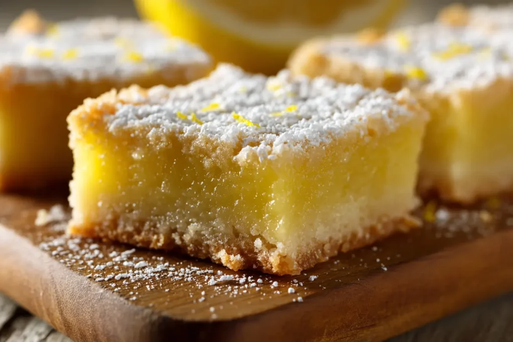 Macro close-up of lemon bars with powdered sugar showing lemon zest specks, smooth filling, and golden shortbread crust