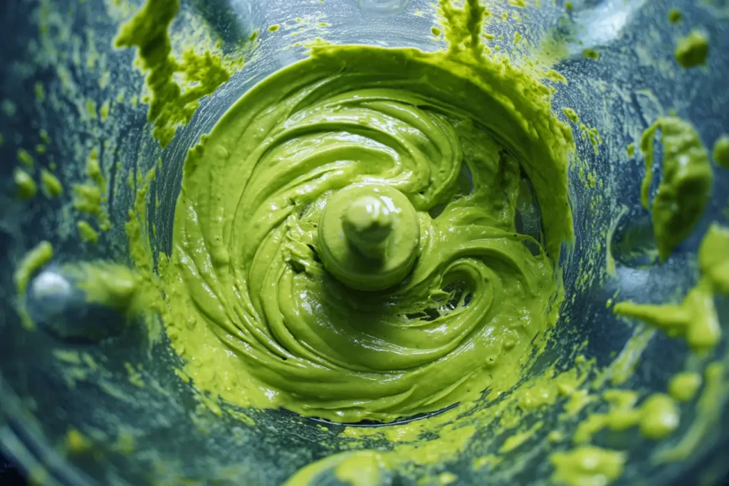 Peruvian green sauce blending in a blender with bright green sauce swirling