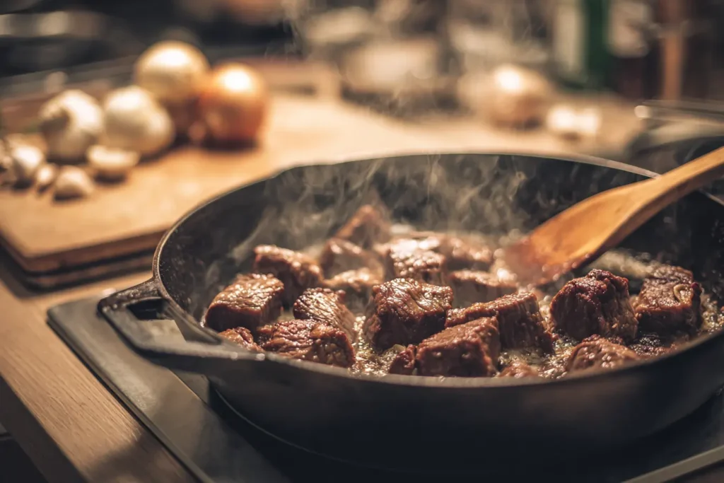 Chunks of beef browning in a cast iron pan with steam rising, building flavor for steak and ale pot pie