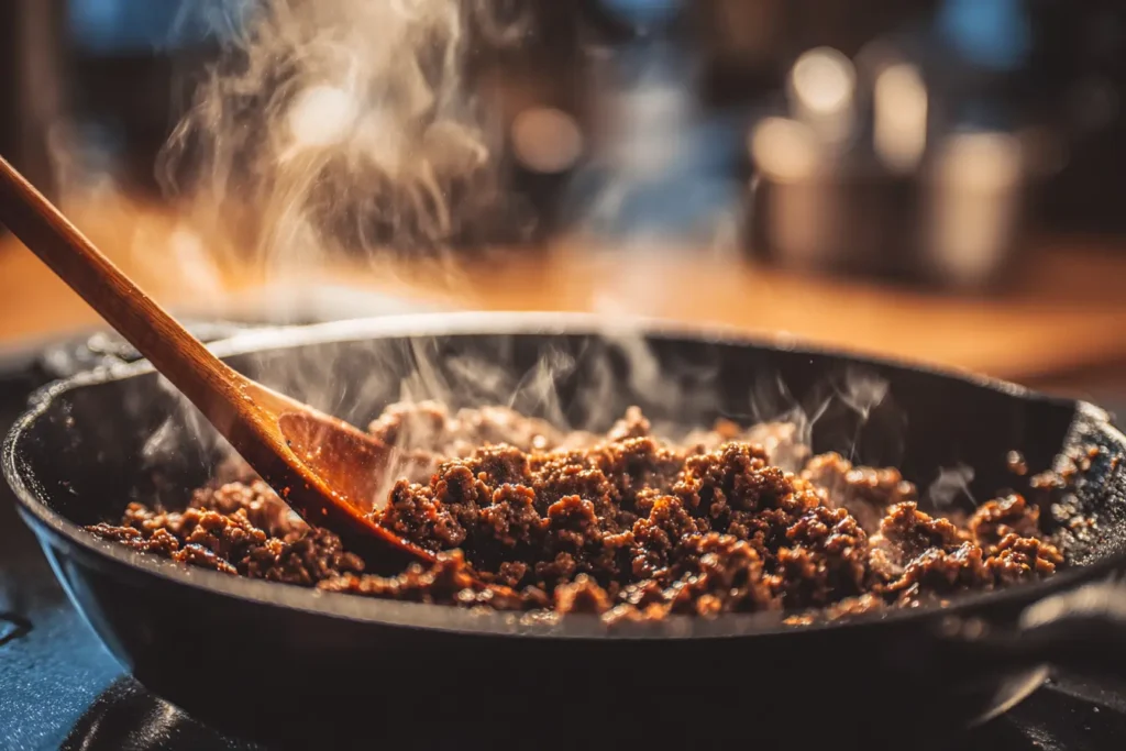 Ground beef browning in a cast iron skillet with spices for cowboy beef dip