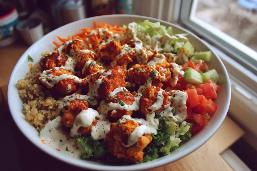 Homemade buffalo chicken bowl with rice, fresh vegetables, and ranch dressing served casually in a bowl