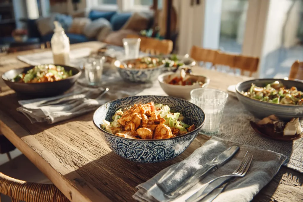 Buffalo chicken bowls served family-style on a dining table with casual dishes and utensils