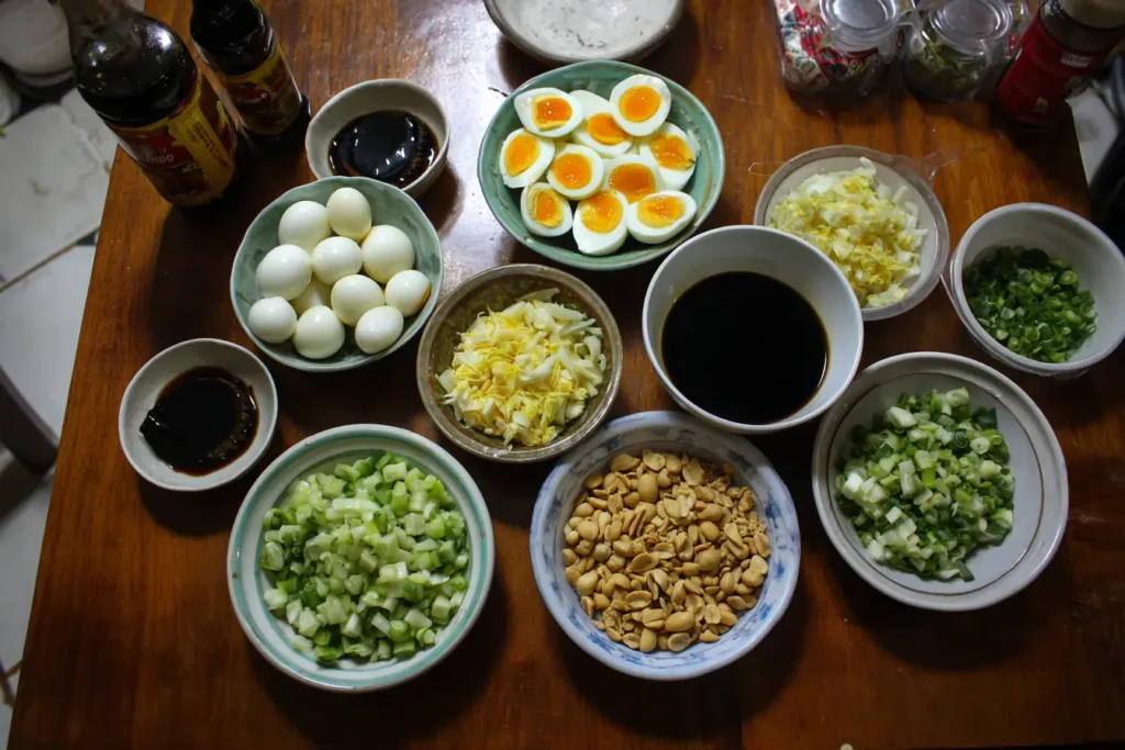 Century egg salad ingredients laid out on a kitchen table with sesame oil and vinegar