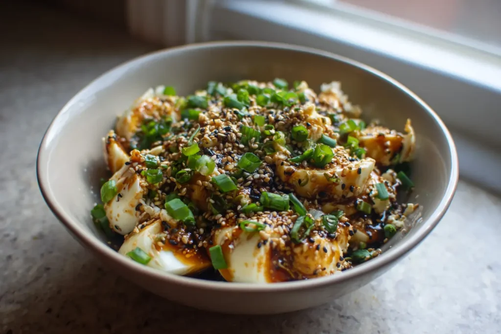 Century egg salad in a bowl with sesame-vinegar dressing and scallions