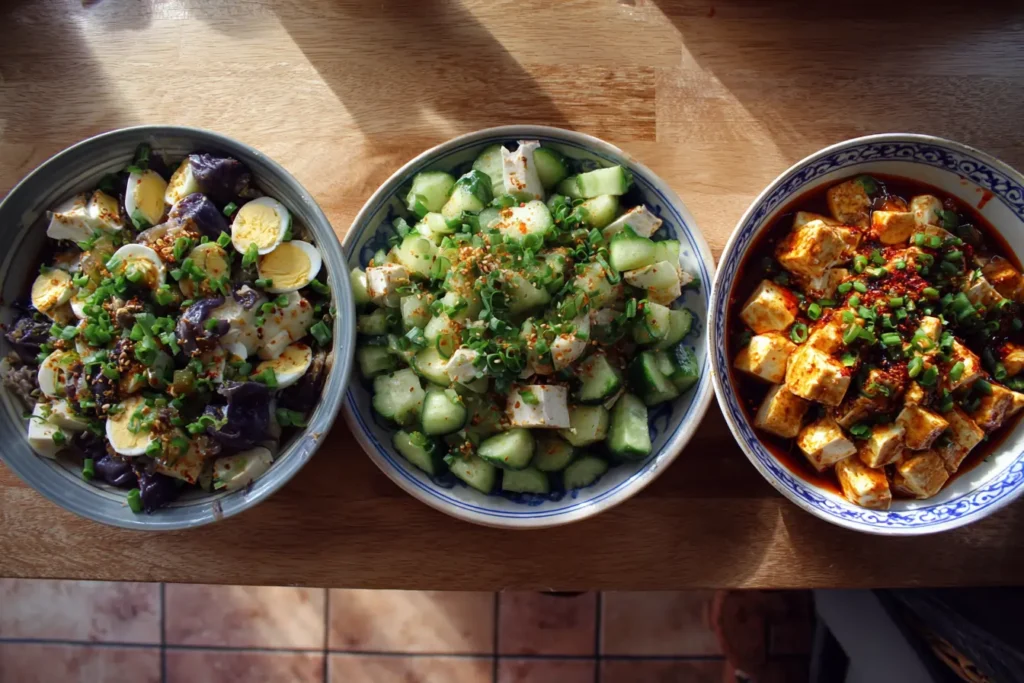 Three century egg salad variations in bowls: tofu, cucumber, and spicy chili oil