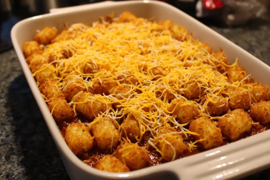 Shredded cheese layered over chili in a baking dish for chili cheese tater tot casserole