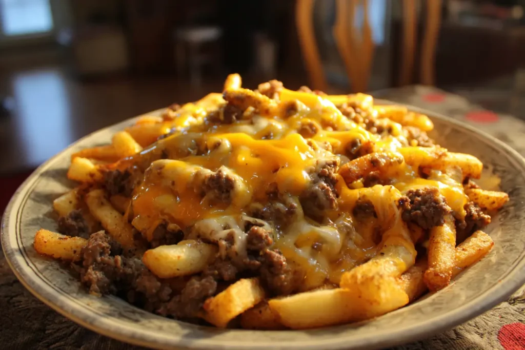 Homemade cheeseburger french fry casserole with crispy fries, melted cheddar and Monterey Jack, and seasoned ground beef in a rustic dish