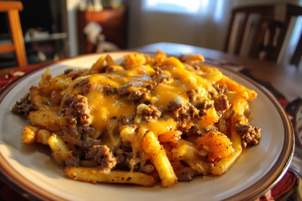 Served portion of cheeseburger french fry casserole with crispy fries and melted cheese, ready for toppings like pickles and sauce