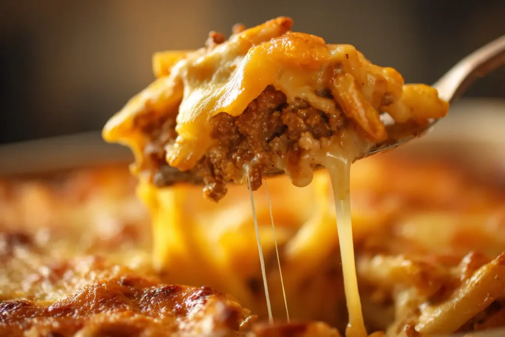 Close-up of a spoon lifting cheeseburger french fry casserole with melted cheese pull, crispy fry edges, and juicy ground beef
