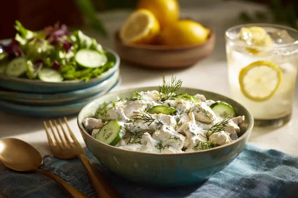 Chicken cucumber yogurt dill served at a cozy dinner table with a side salad, lemon slices, and an iced drink.