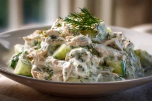 Chicken cucumber yogurt dill salad in a white bowl with fresh dill and cucumber, photographed in natural kitchen light.