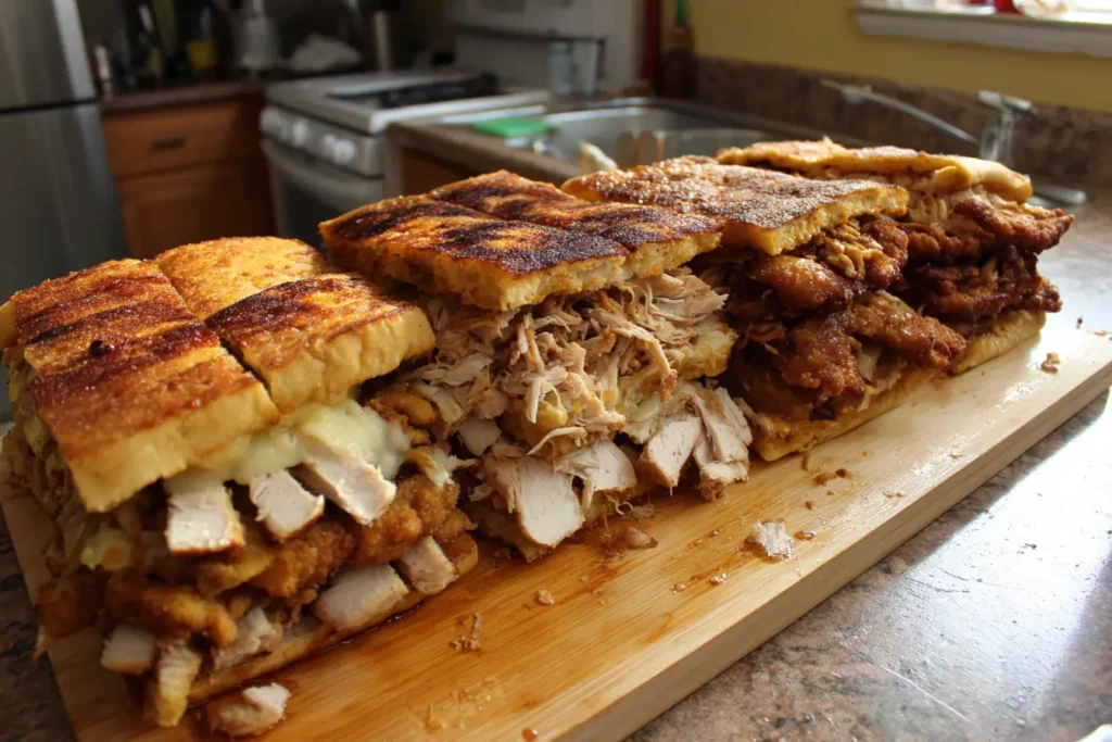 Crispy milanesa, grilled chicken, and shredded chicken for chicken torta sandwich