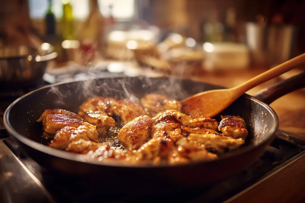 Chicken pieces sizzling in a skillet with a golden sear, steam rising as they cook for a street corn chicken rice bowl.