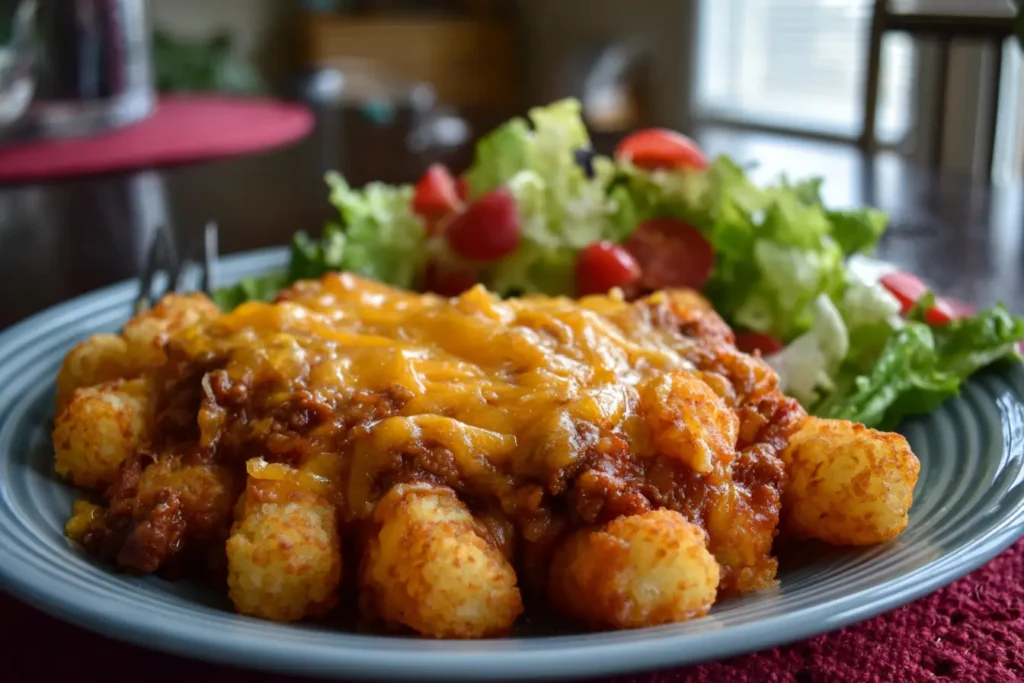 Chili cheese tater tot casserole served with a crunchy side salad on the plate