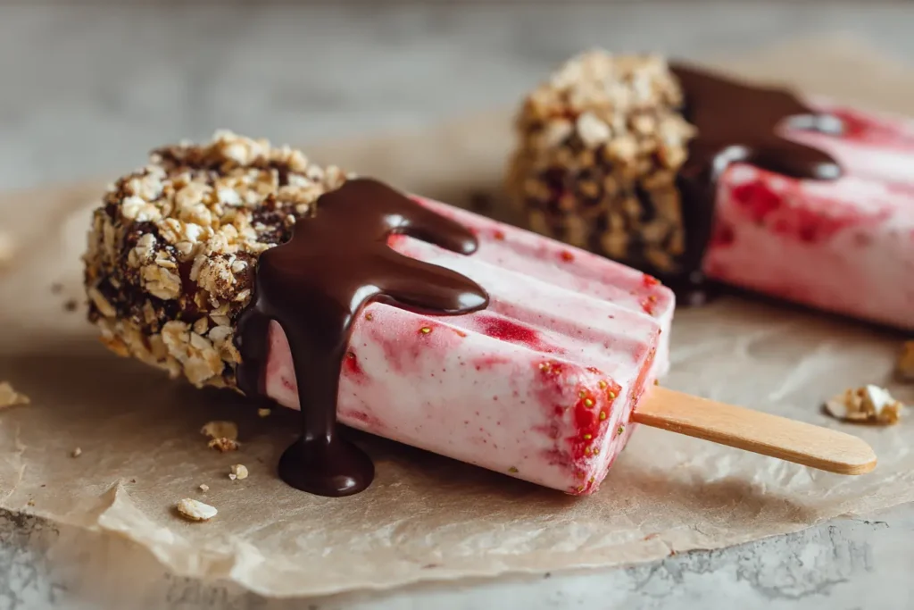 Strawberry yogurt pops dipped in dark chocolate and topped with granola on parchment paper