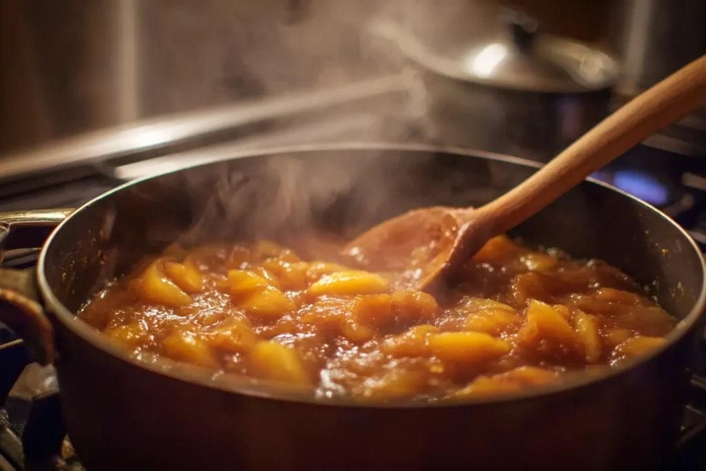 Peach cobbler egg roll filling simmering in a saucepan with cinnamon and a wooden spoon
