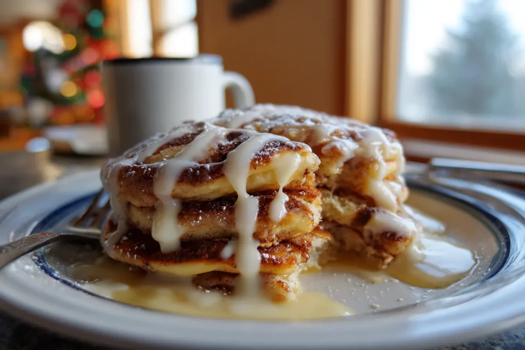 Cinnamon roll pancakes with icing drizzle and cinnamon sprinkled on top in a cozy brunch setting